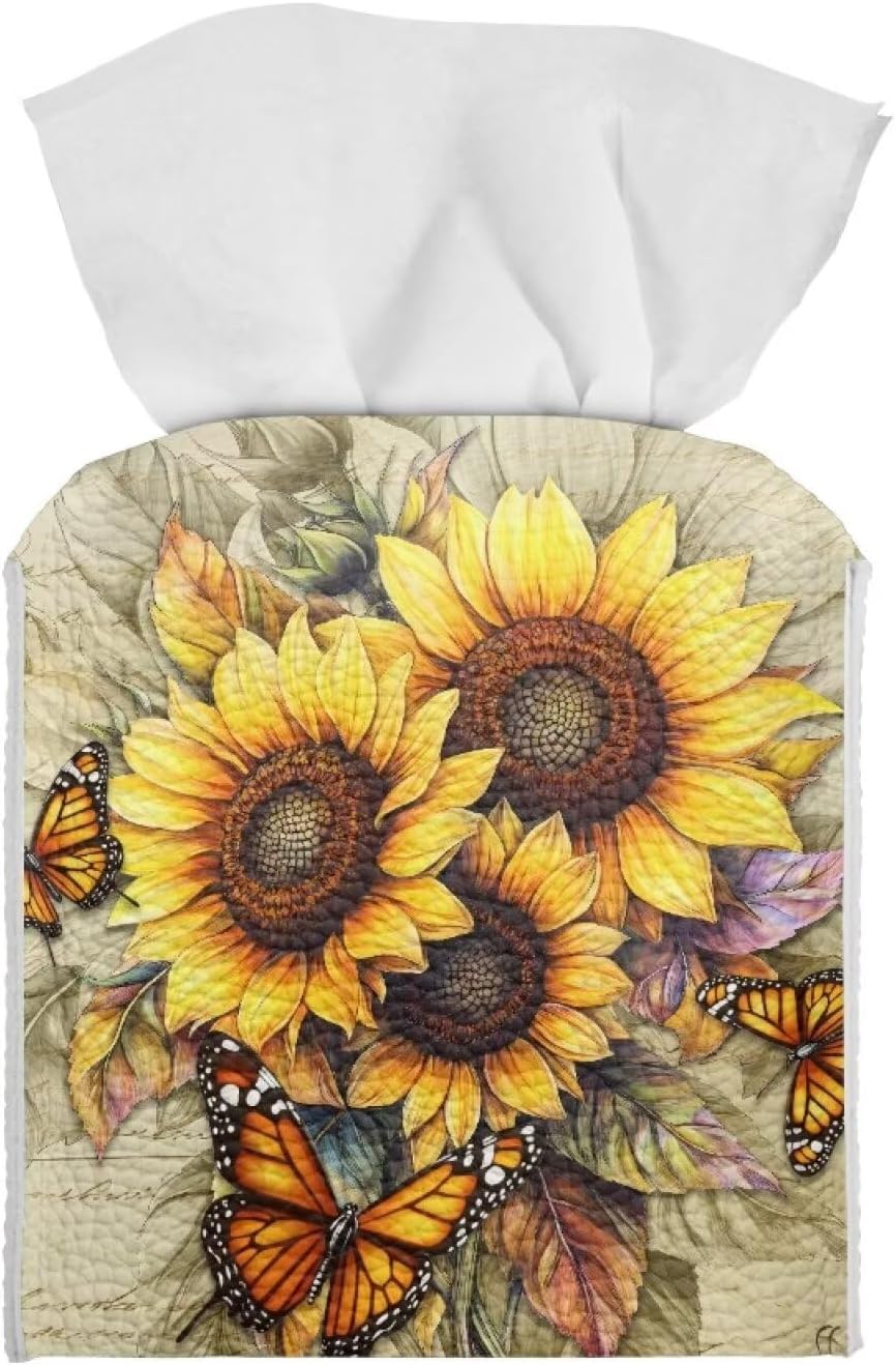 Sunflower Tissue Box Cover Square Leather Tissue Cover 5x5x5 inch Oil Paited Style Home Decorative Facial Paper Box Holder for Desk Bathroom Vanity Countertop