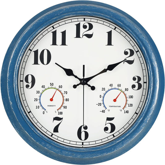 JENLYSTIME 13 Inch Outdoor Clock, Waterproof and Silent, with Thermometer and Hygrometer, Large Numbers for Easy Reading, Perfect for Home,Office,Bedroom,Kitchen,Porch,Garden,Pool(Blue)