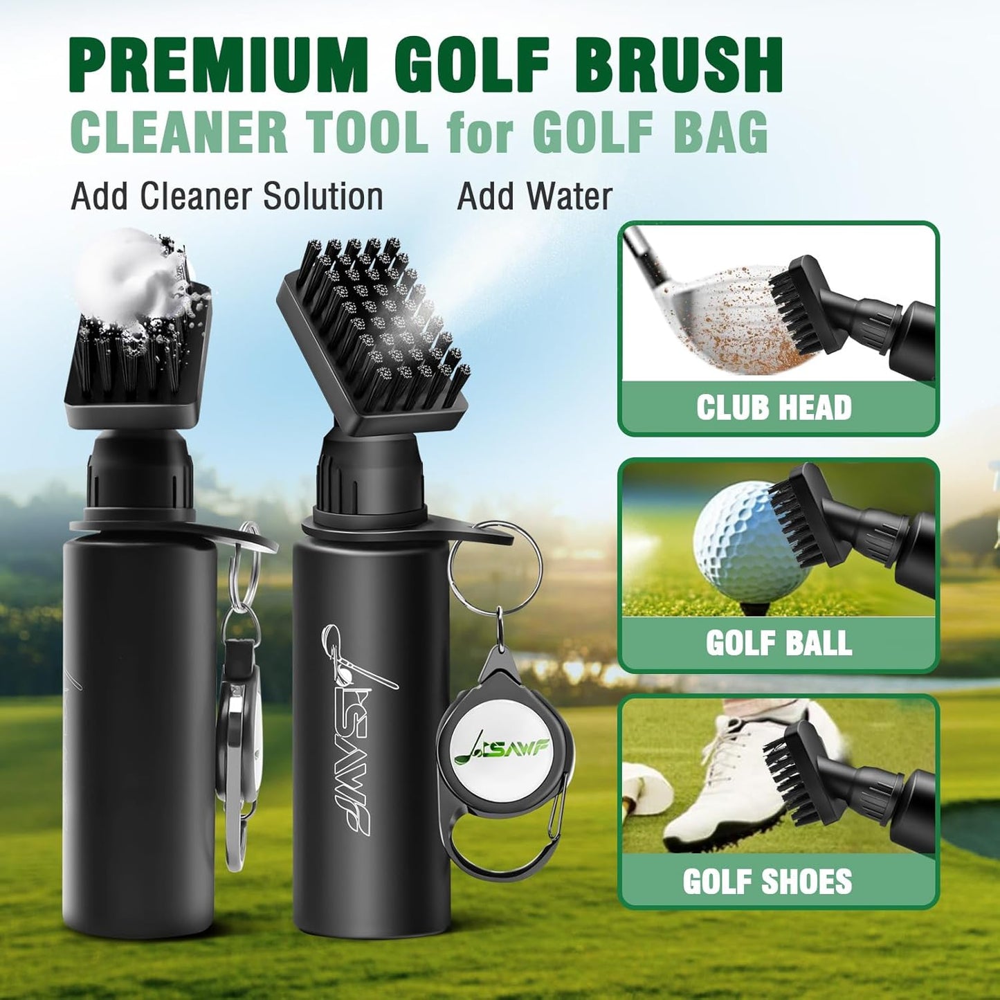 JOISAWF Golf Club Cleaner Brush with Water - 7.5” Pro Golf Groove Cleaner, Leak-Proof Design, 4 Oz Water Bottle & Retainer Clip - Essential Golf Accessories for Men & Women