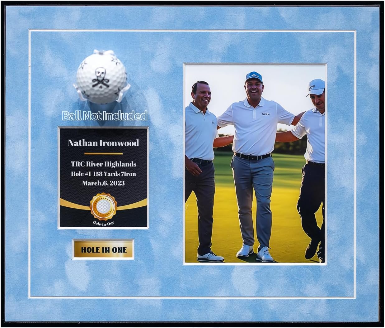 One-Shot Victory Golf Ball Display Frame – Acrylic Case with External Ball Mount, Custom Photo & Nameplate, Babyblue Suede Mat, Elegant Golf Keepsake Gift