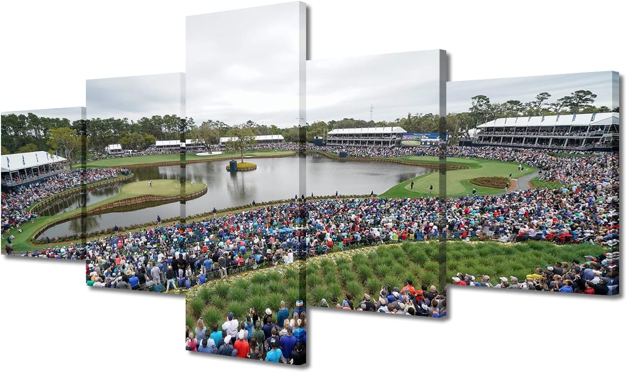 Wall Art Golf Course Canvas Painting TPC Sawgrass Golf Course Pictures Modern Home Decor 5 Panels Wall Art for Living Room Wall Decorations Print Decor Living Room Framed Ready to Hang - 50"W x 24"H