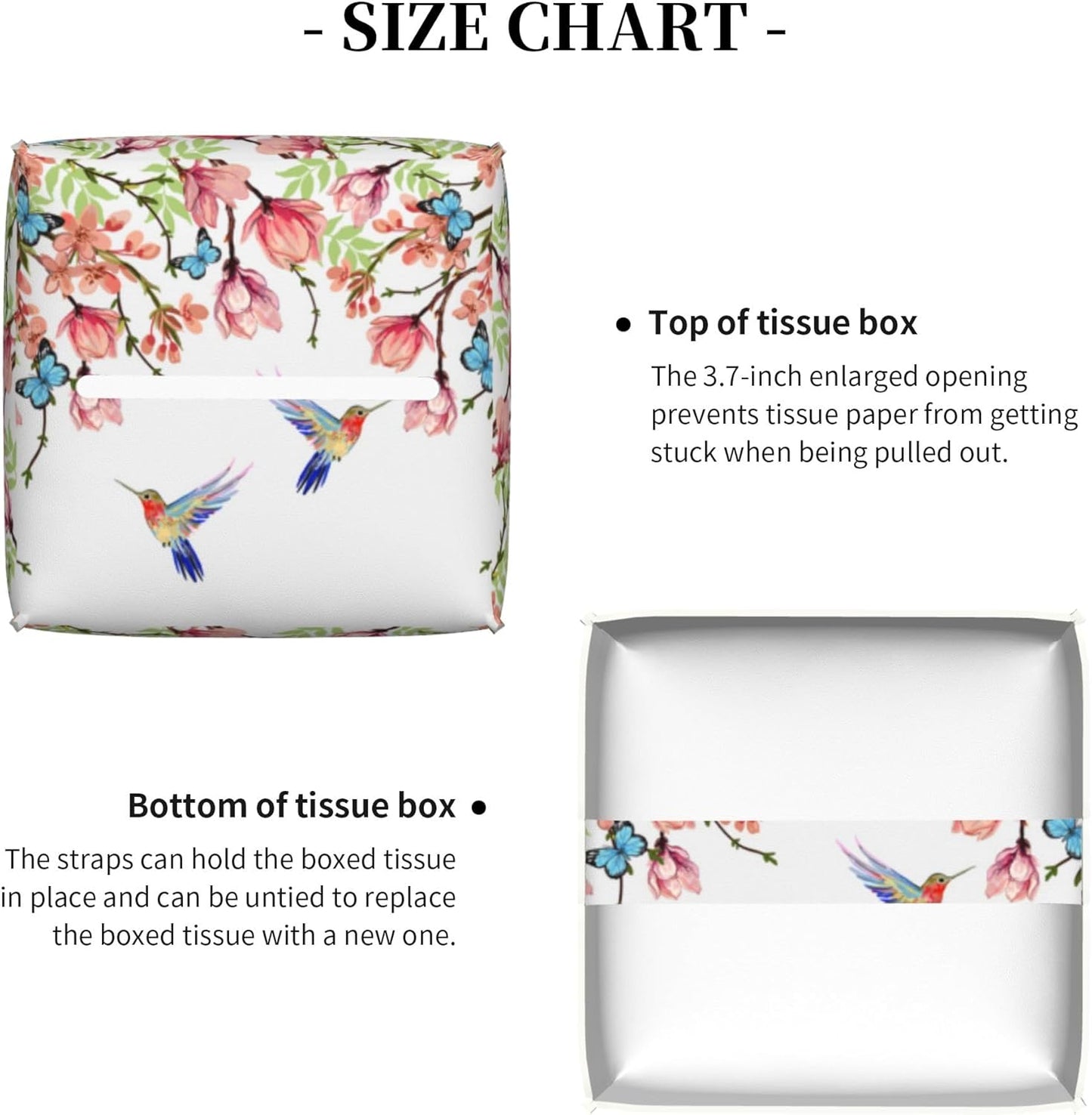 Hummingbird and Flowers Tissue Box Cover Square,Pink Floral Bird Butterfly Tissue Box Holder Waterproof Leather Facial Paper Organizer Dispenser for Bathroom Home Car Nightstand Vanity Desk