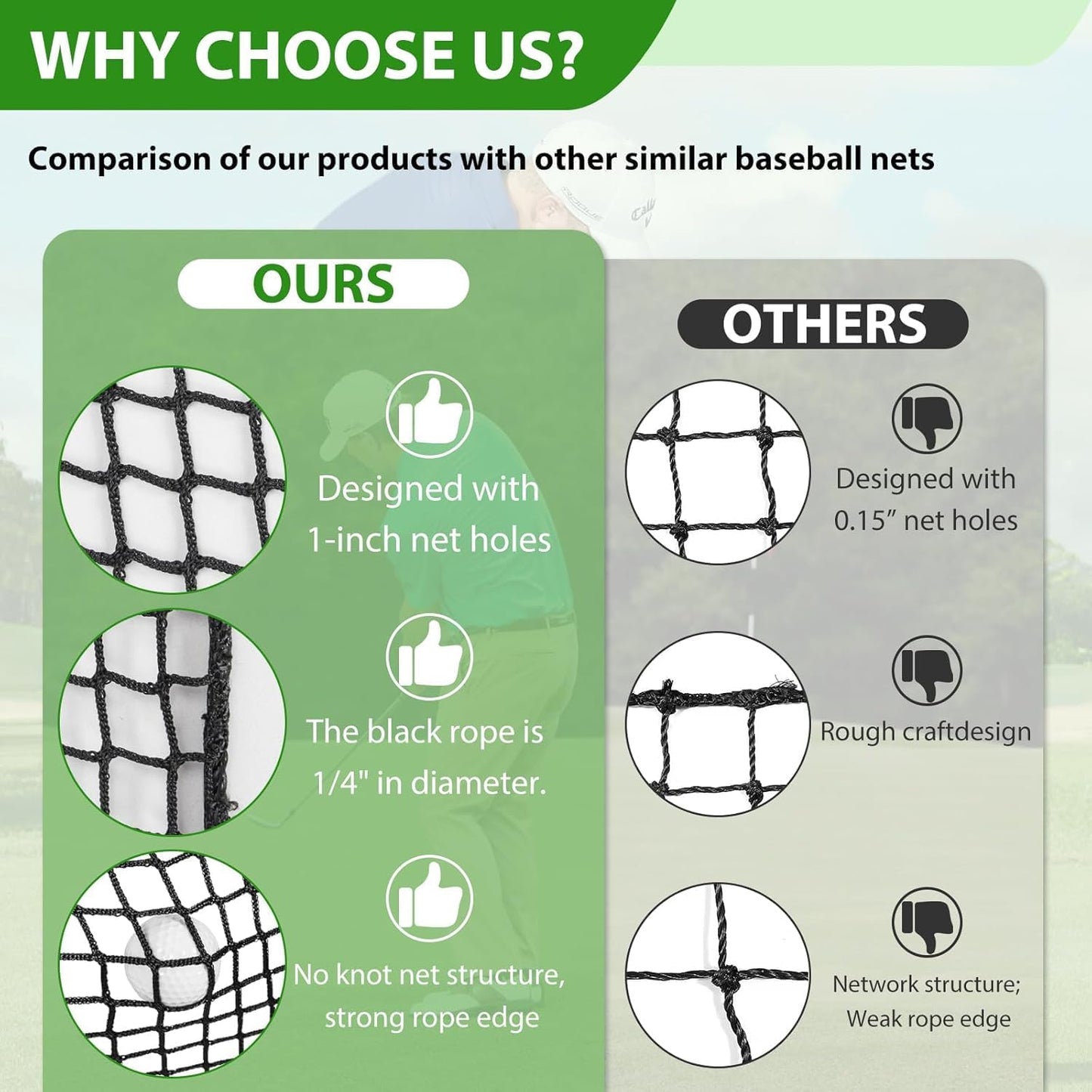 AKOZLIN Heavy Duty Sports Golf Netting Hitting Net 1" Square mesh for Softball,Baseball 10x10ft/10x15ft/10x20ft