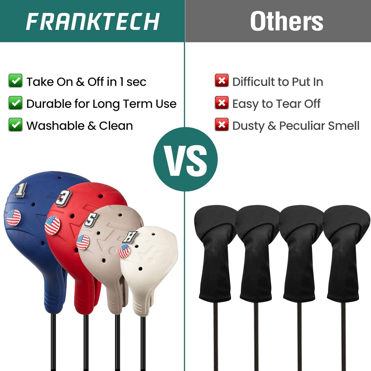 Golf Head Covers, EVA Plastic Golf Club Covers for Driver Fairway Woods Hybrid, Driver Headcover with Pins, Fit All Right-Handed Golf Clubs, Easy On Off, Washable