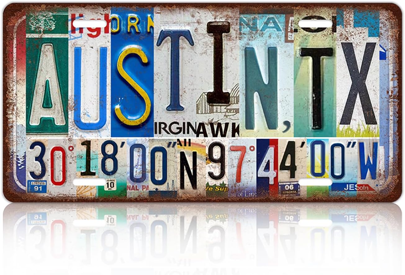 Vintage City License Plate Austin,Tx Wall Decor Metal Tin Sign for Bar Home Bedroom 12 x 6 Inches （Including latitude and longitude）
