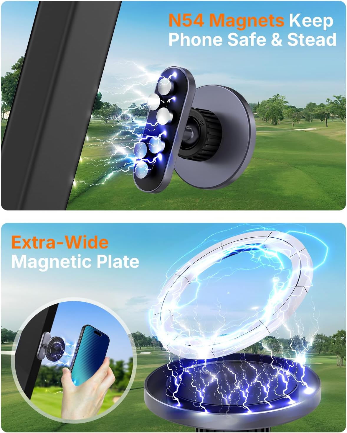 WOSPORTS Magnetic Golf Cart Phone Holder, Golf Cart Phone Mount for iPhone 16 Pro Max 15 14 13 12 Plus