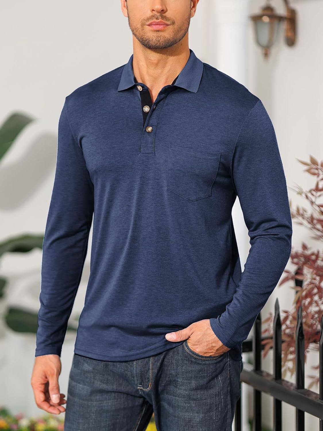 Mens Long Sleeve Polo Shirts Casual Moisture Wicking Golf Polo Shirts with Pocket