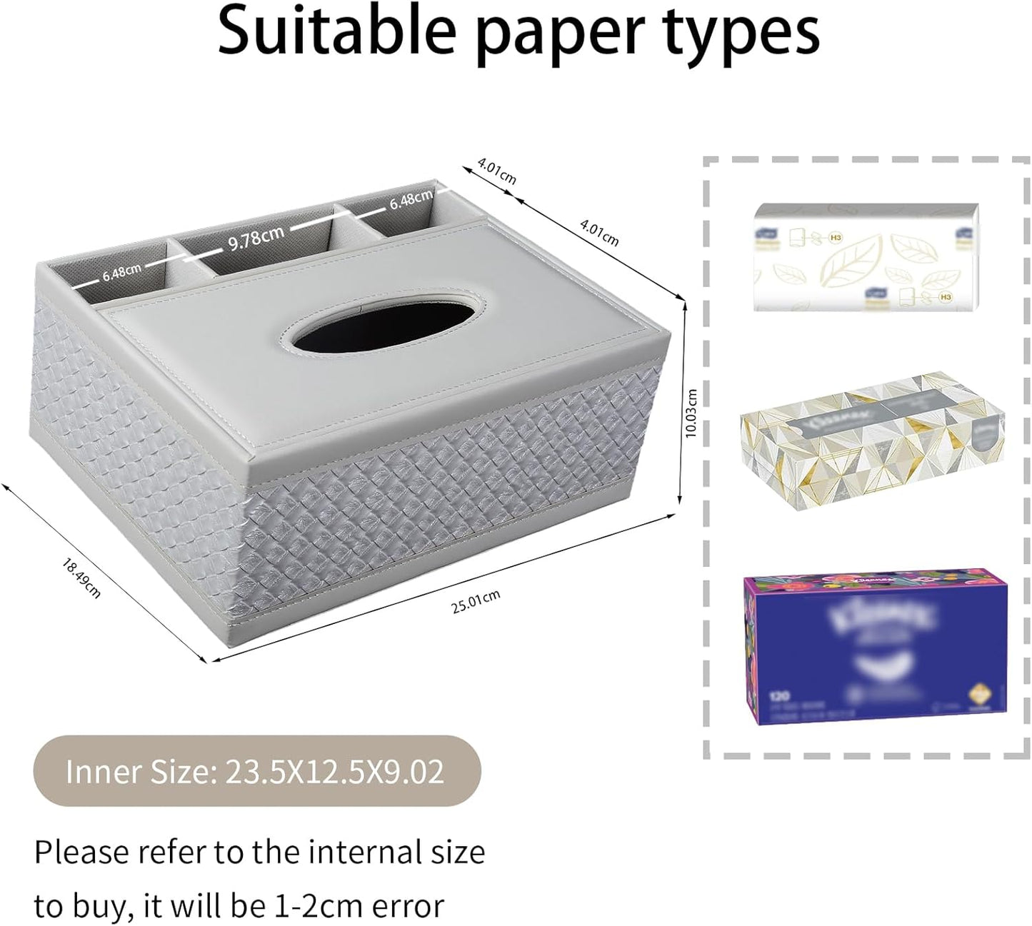 Tissue Box Cover Rectangle White Kleenex Box Holder PU Leather Facial Tissue Organizer,Multifunctional Remote Control Stationery Storage Box,Home Office Supplies Car Napkin Caddy