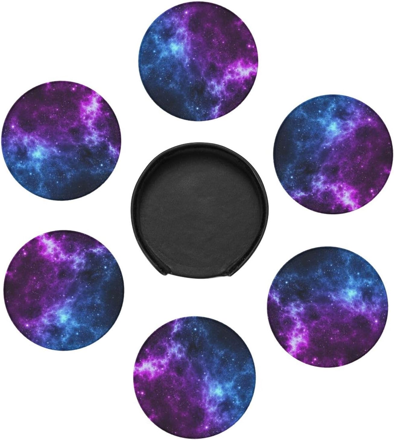 Cool Space Galaxy Blue Purple Planet Star Coasters for Drinks Round Leather Coaster with Holder Set of 6 for Tabletop Protection Desk Accessories Office Home Room Decor