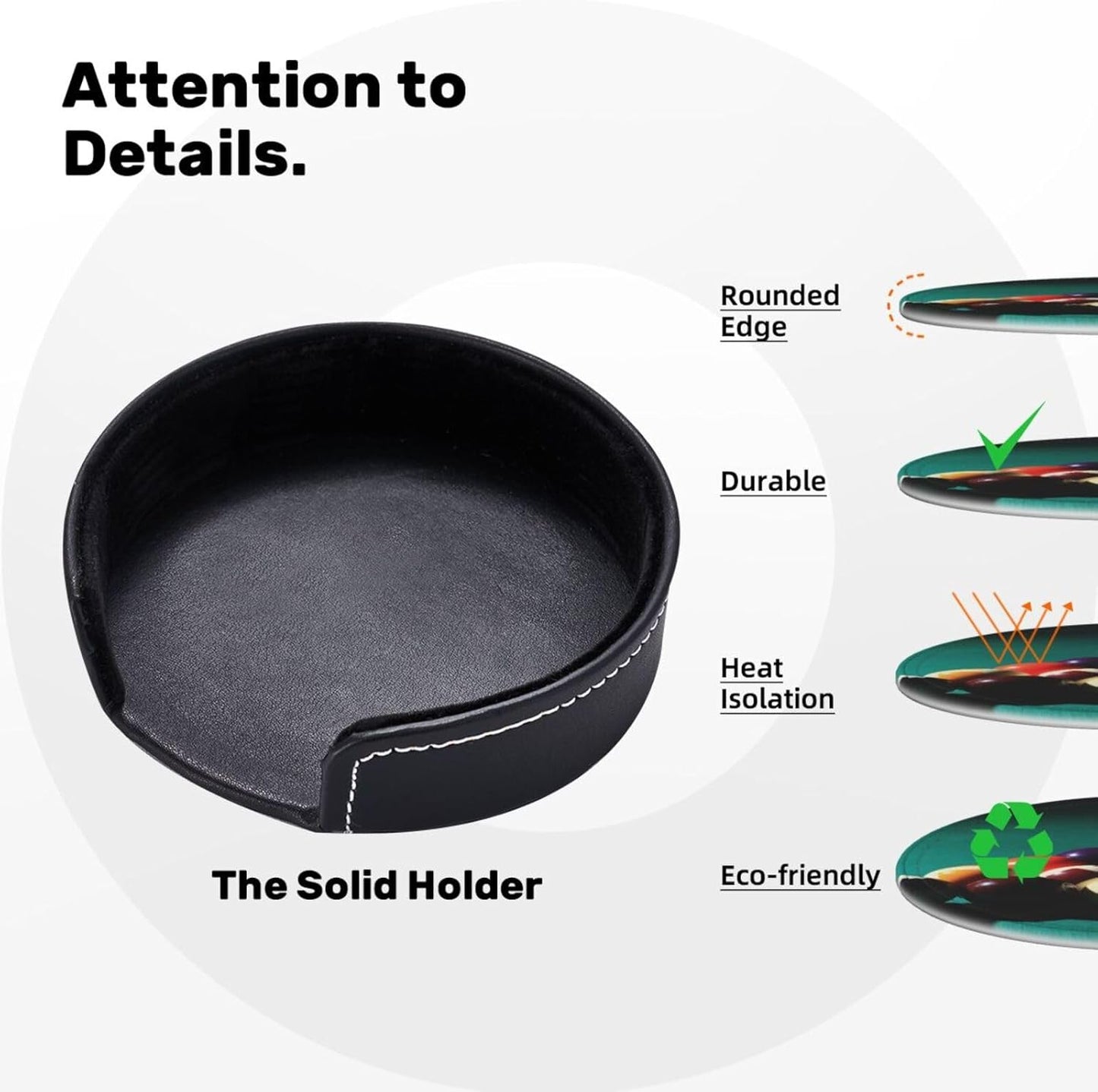 Billiard Ball Cool Coasters for Drinks Round Leather Coaster with Holder Set of 6 for Tabletop Protection Desk Accessories Office Home Room Decor