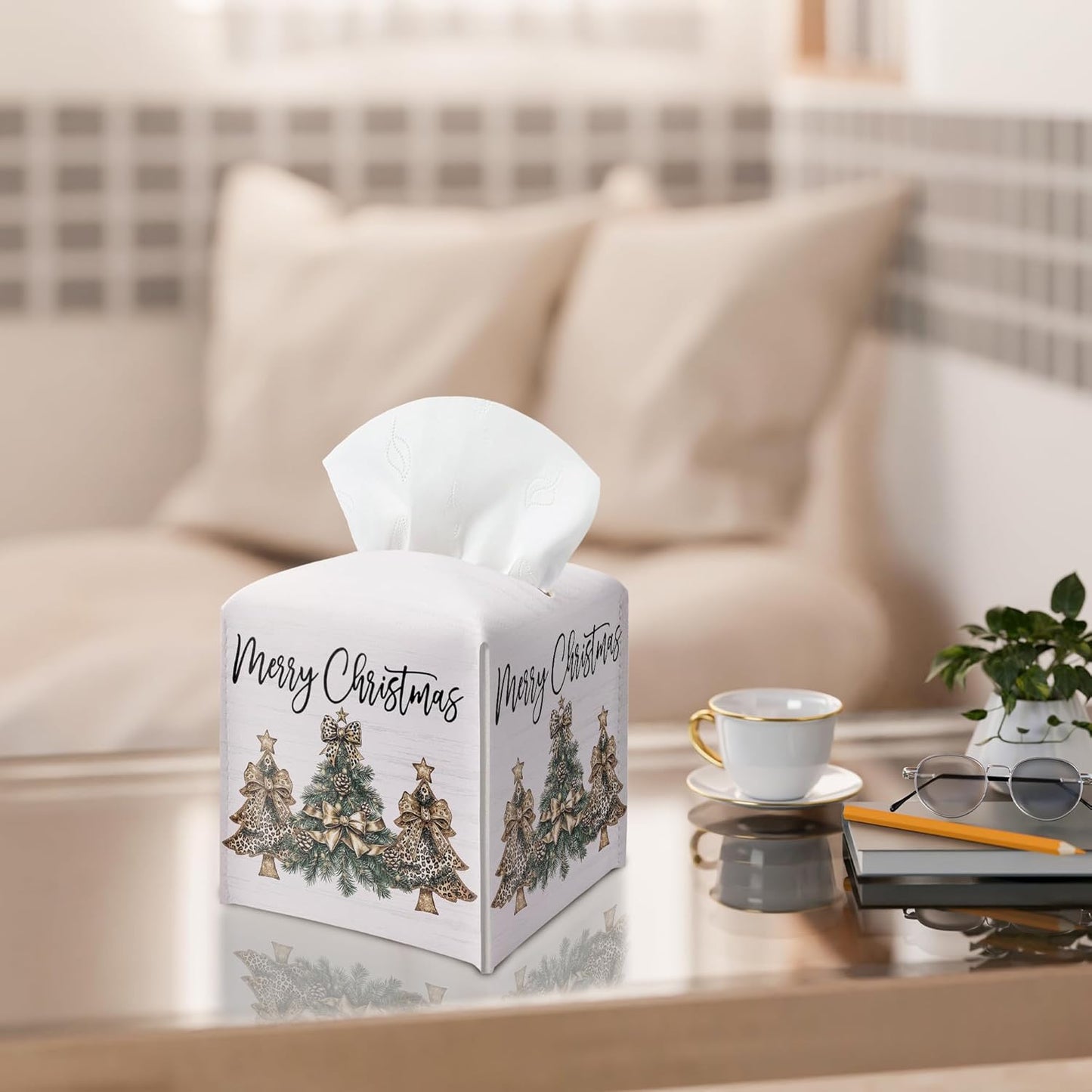 Merry Christmas Tissue Box Holder, Leopard Print Christmas Tree Leather Tissue Box Cover Square, Paper Facial Decorative Tissues Cover for Night Stands Bathroom Kitchen Office Home Decor-B31