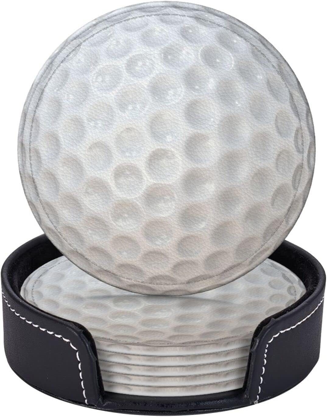 Golf Coasters for Drinks with Holder Round Leather Coasters Set of 6 Cups Mugs Mat Pad for Home Kitchen Bar