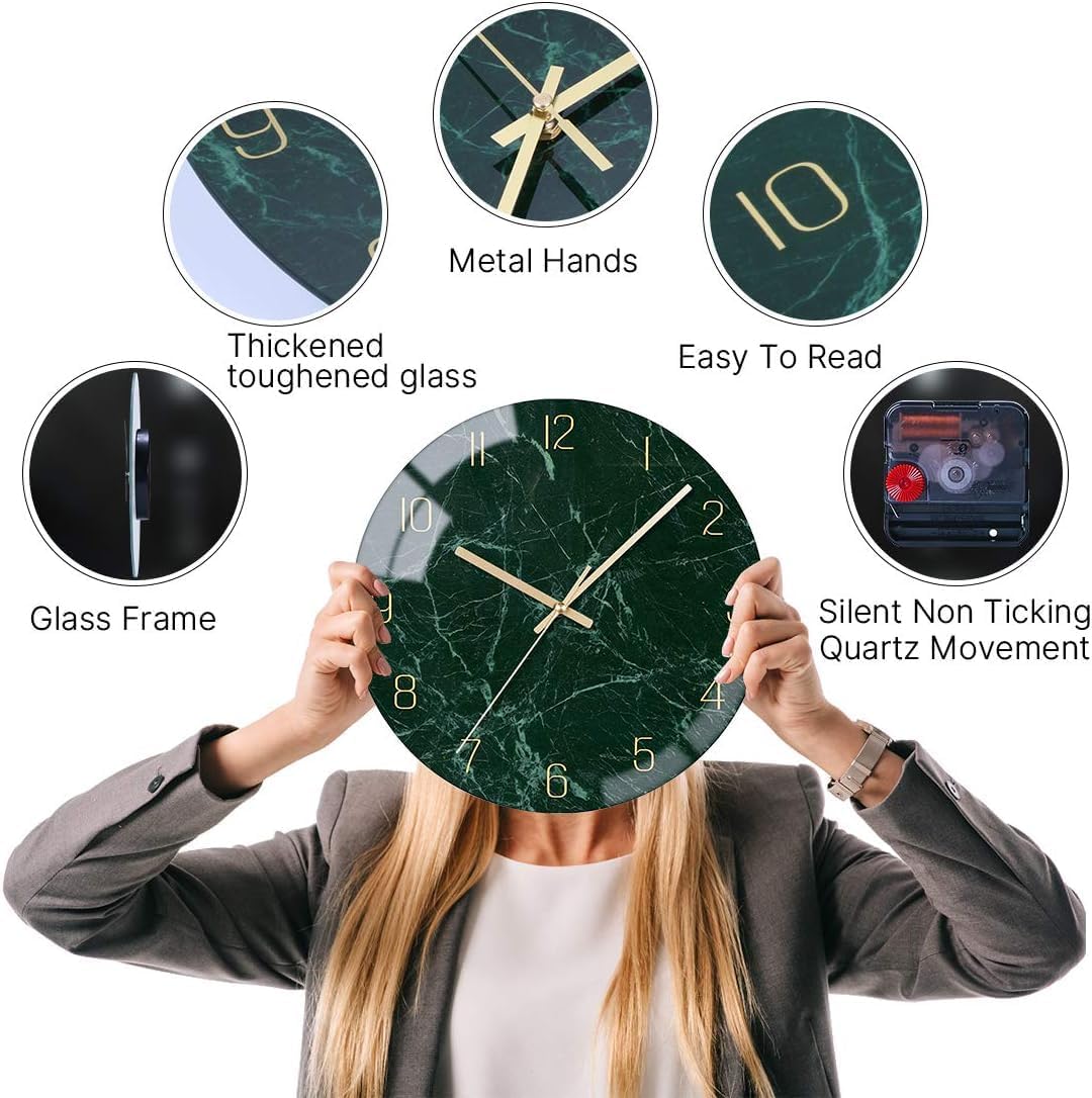 VIKMARI Emerald Green Glass Wall Clock Silent Non-Ticking Battery Operated 10 Inches Modern Marble Texture Home Decorative Kitchen Decor Quartz Small Analog Clock for Bedroom,Living Room,Office
