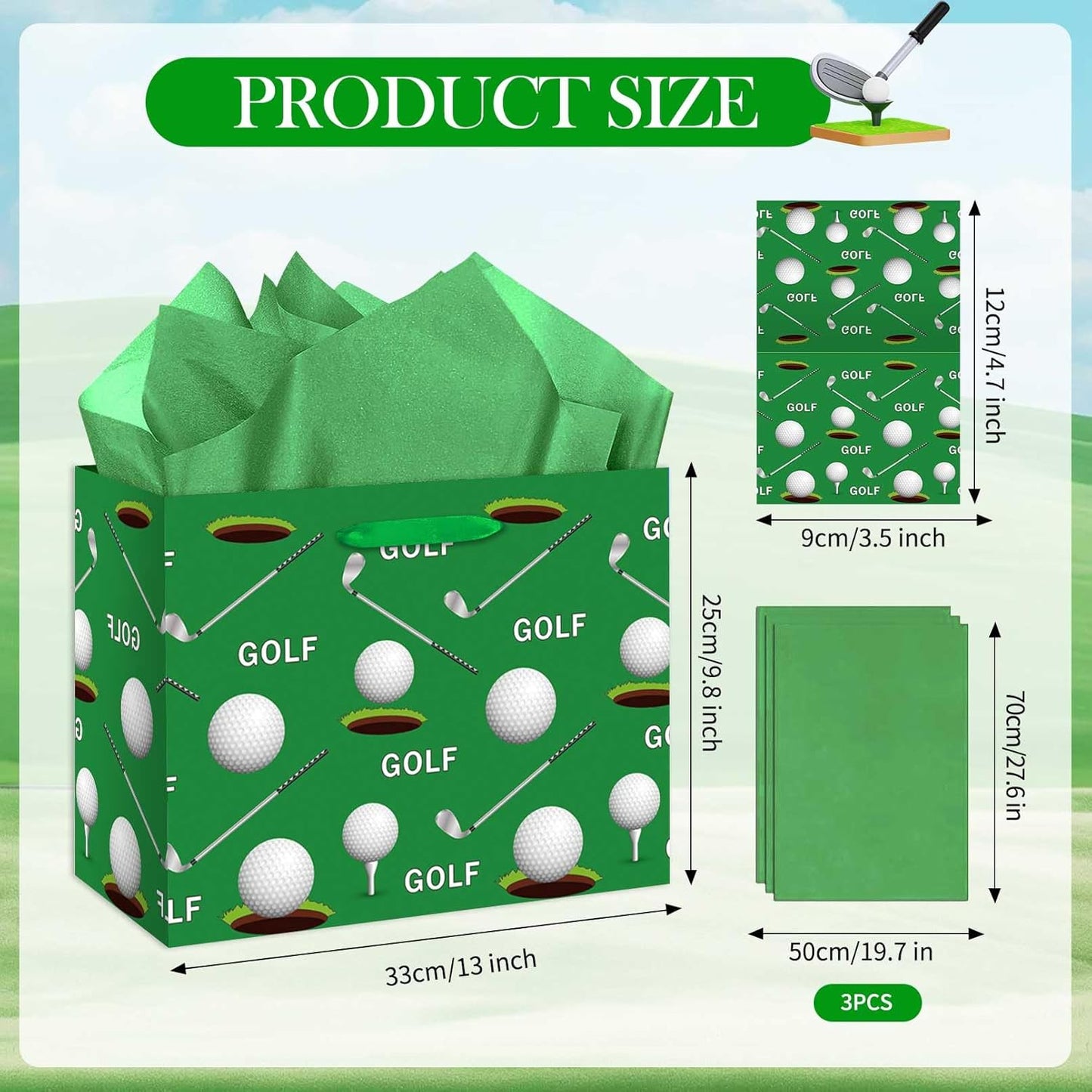 Golf Club Gift Bag, Green and White Golf Gift Bag with Card and Tissue Paper, Sports Theme Party Decor for Men, Fans, Birthday Party Supplies, Milestone Celebrations