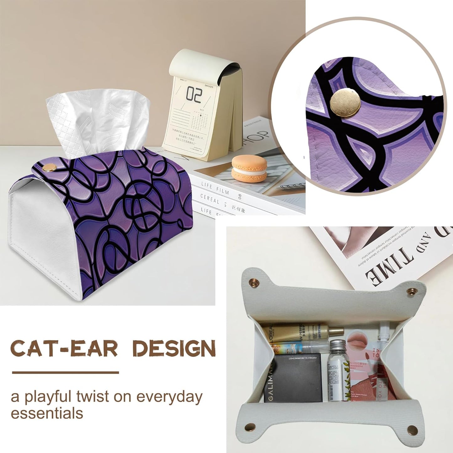 Abstract Purple Stained Glass Tissue Box Cover Holder – Rectangular Tissue Organizer, Decorative Napkin Box Case for Home, Office & Car