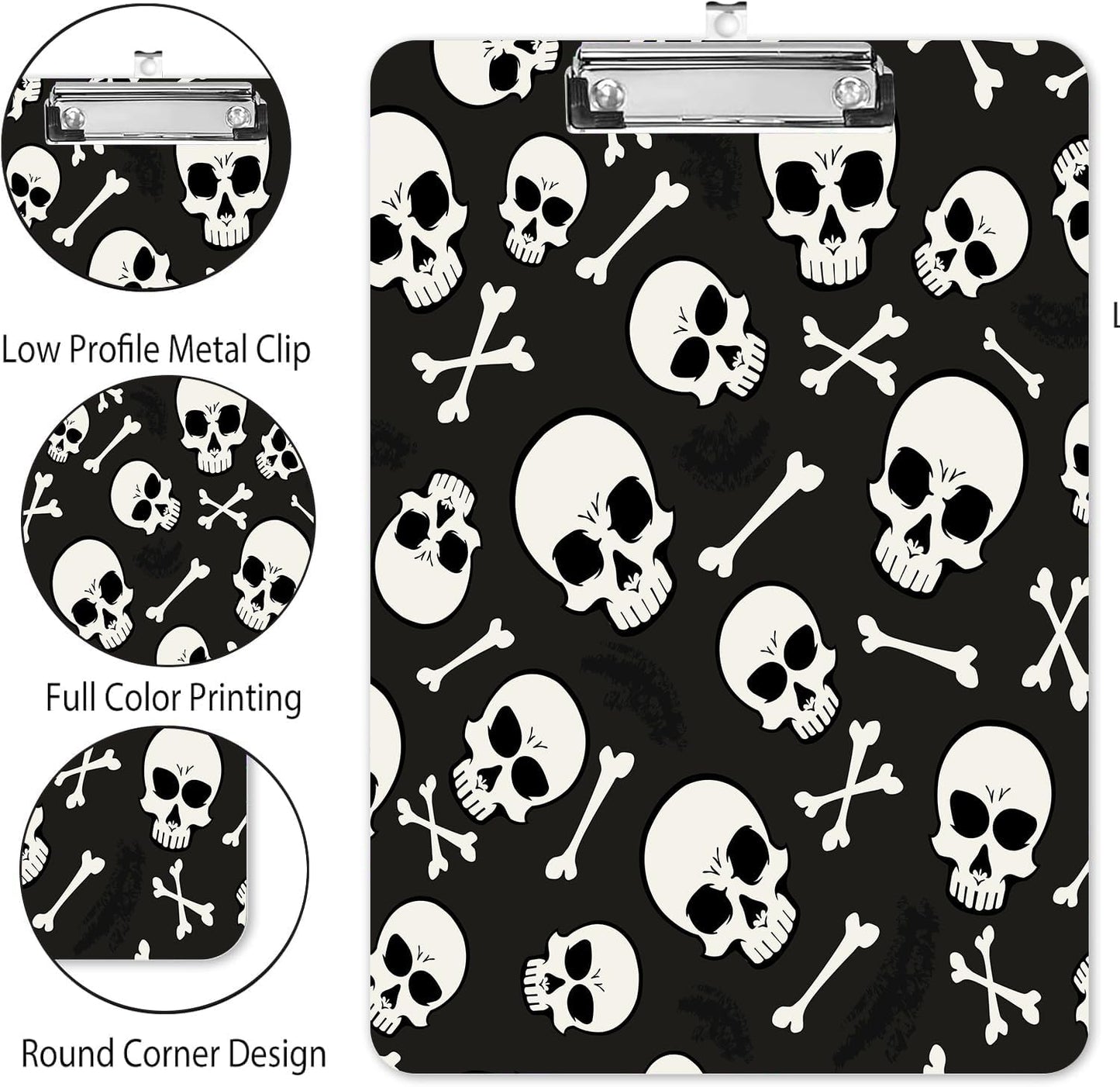 Fashion A4 Clipboard, Standard Letter Size 9" x 12.5", Decorative Wooden Clipboard with Low Profile Metal Clip for Office, School, Teachers, and Students, White Black Skull