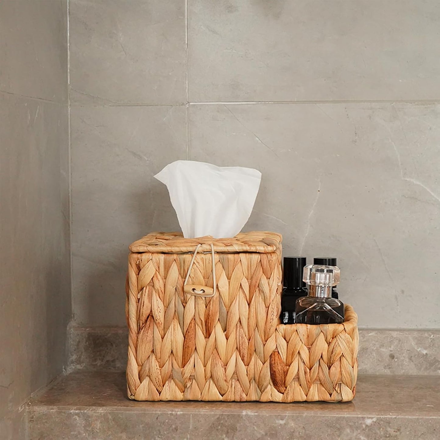 PINXIURY Water Hyacinth Tissue Box Cover Square, Tissue Box Holder, Tissue Box with Remote Organizer, Bedside Organizer, Remote Holder for Bedroom, Livingroom, Office