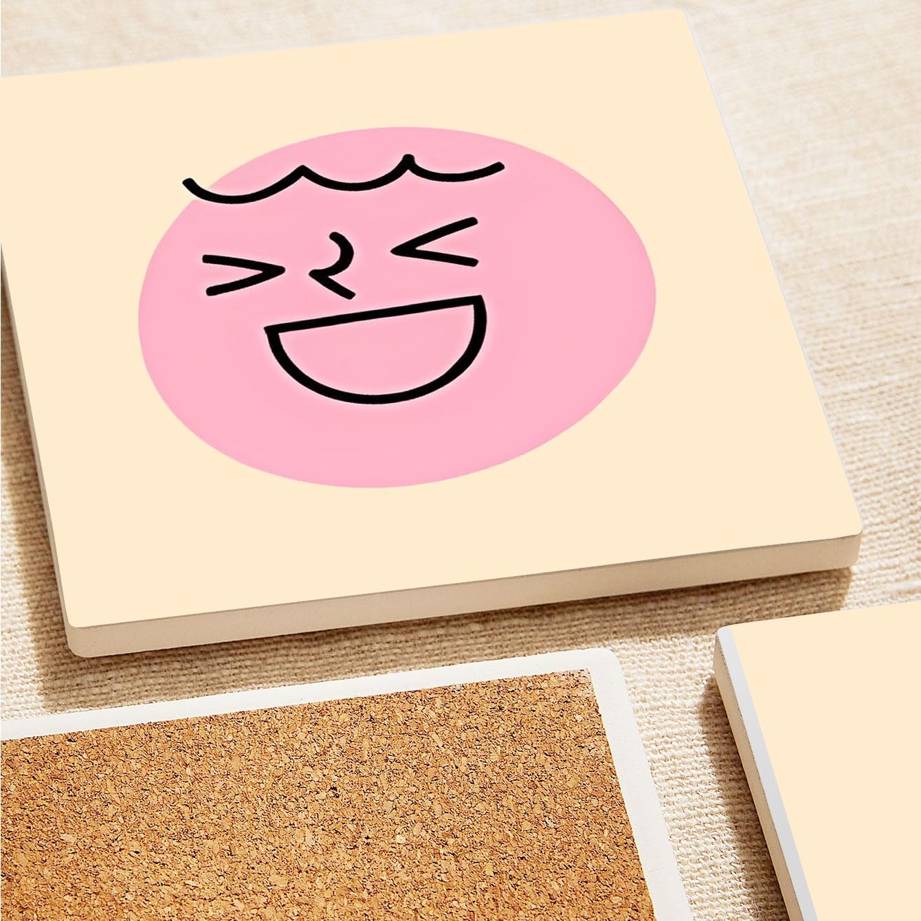 MAYCARI Cartoon Emotional Face Coasters Set of 6 Cork Backed Cute Coasters with Metal Holder Original Ceramic Surface Drink Cup Mats for Tabletop Protection Modern Desk Decoration Birthday Gifts