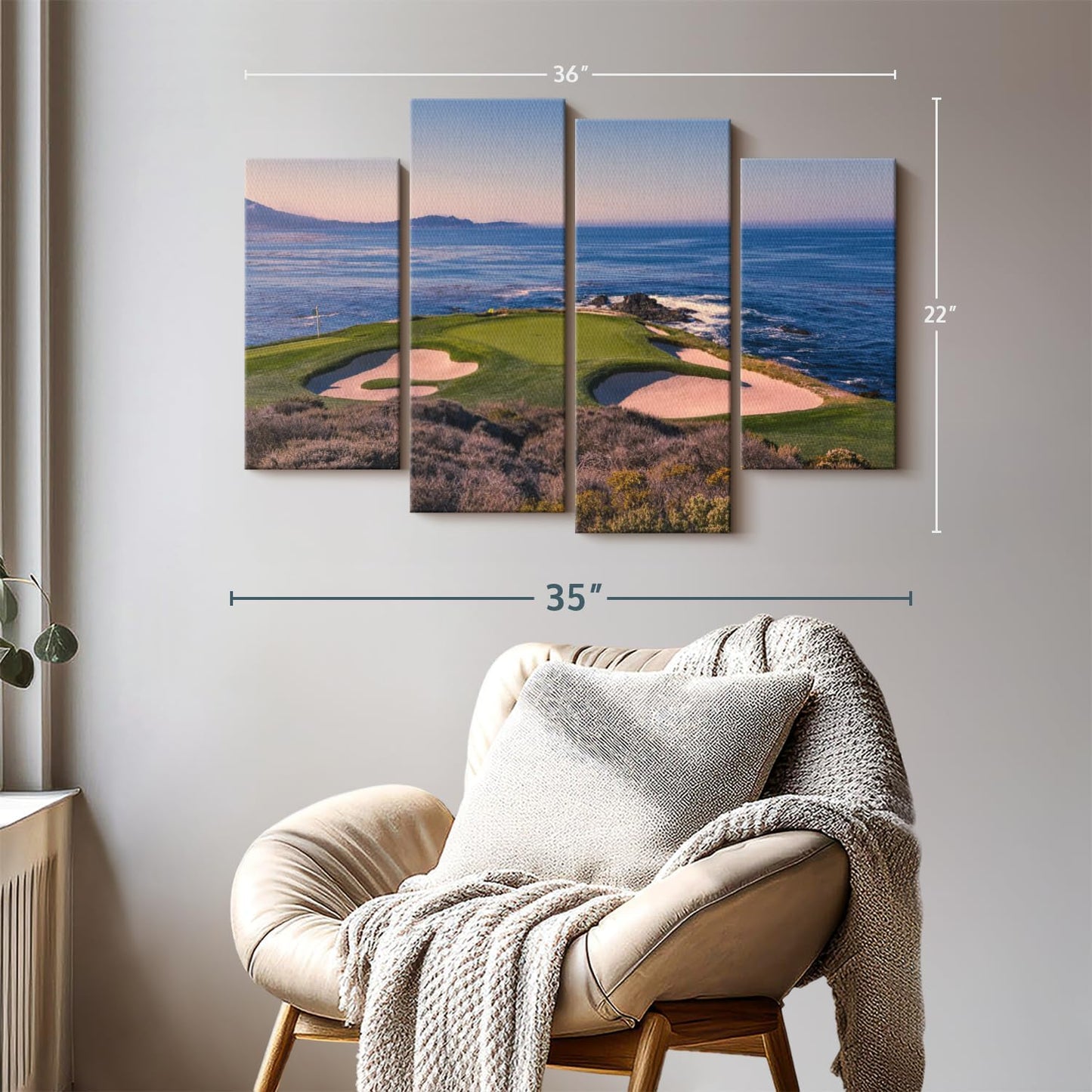 ElephantStock Pebble Beach Golf Club Wall Art - Horizontal Canvas - 4-Piece Living Room Wall Decor - Luxury Photography Canvas Print - Beige and Blue Decor for Wall - 36" X 22"