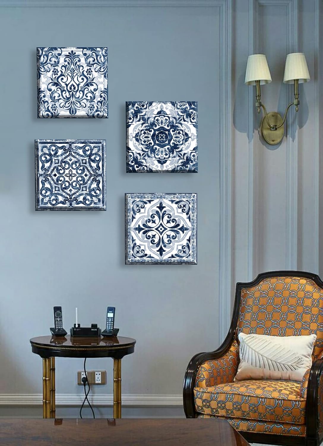 DJSYLIFE Bathroom Wall Decor Navy Blue Flower Paintings Canvas Prints Decoration Vintage Wall Art for Bedroom Framed Ready to Hang 12" Wx12 Hx4 pcs