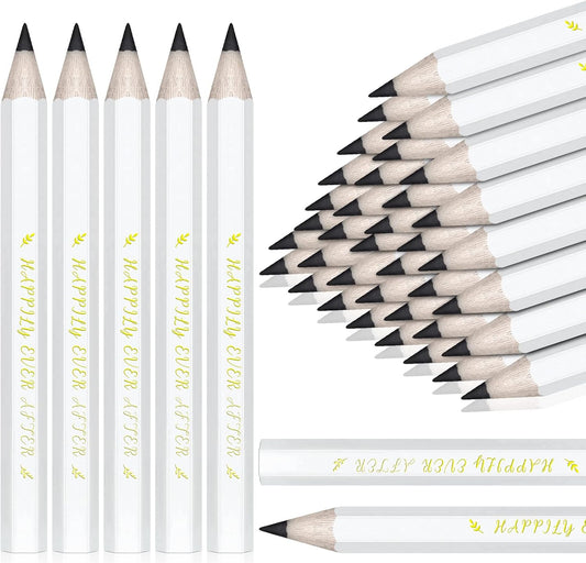 50 Pcs Wedding Half Pencils - Happily Ever After Mini Short Golf Pencils for Bridal Shower Favor Gift Company Meetings (White)