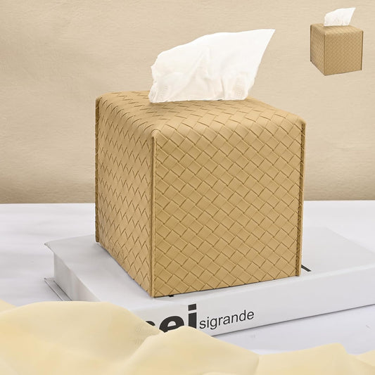 HOMOTEK 2 Pack Tissue Box Cover, Square PU Leather Tissue Holder, Decorative Facial Tissue Cube Paper Organizer Dispenser for Bathroom, Night Stands, Desk, Car 5X5X5'' - Woven Waffle,Camel