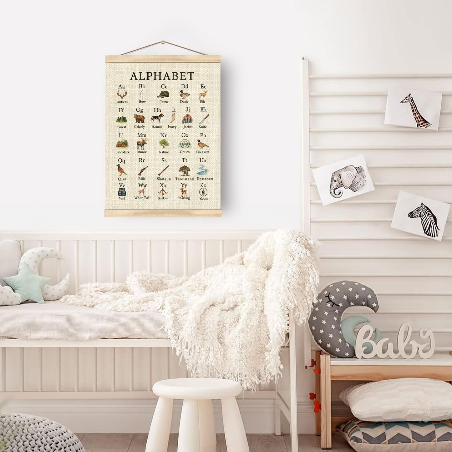 Boat Wades Hunting Alphabet Nursery Wall Art Poster Hanger Frame, Forest Nursery Decor, Educational Alphabet Hunting Hanging Wall Decor for Toddler Boys Bedroom Playroom Classroom, 12x16 Inch