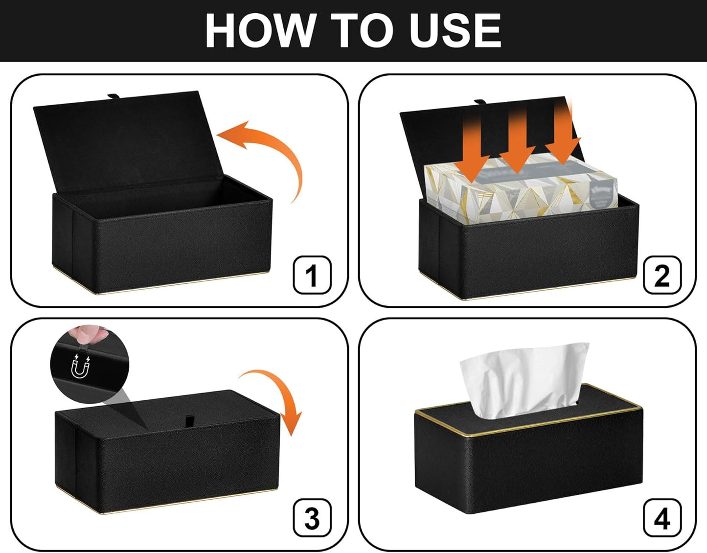 Tissue Box Cover Square PU Leather Facial Tissue Box Holder for Dresser Bathroom Decor (Black Pearl)