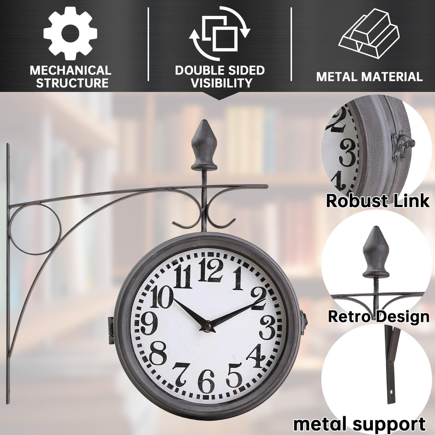 Metal Double Sided Hanging Clock with Retro Grey Sturdy Frame,Glass Lens,Silent Quartz Movement, Indoor/Outdoor Double-Sided Decorative Wall Clock for Home Décor Farmhouse Station Office Garden