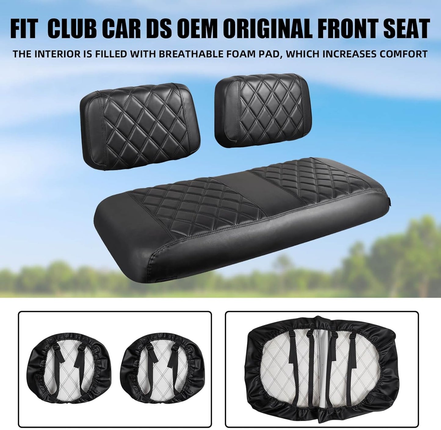 NOKINS Golf Cart Seat Covers Fit Club Car DS Pre-2000 OEM Ordinary Seats Only,Golf Cart Leather Diamond Replacement Front Seat Cover No Stapler Required/Anti-Fading/Anti-Scratch…