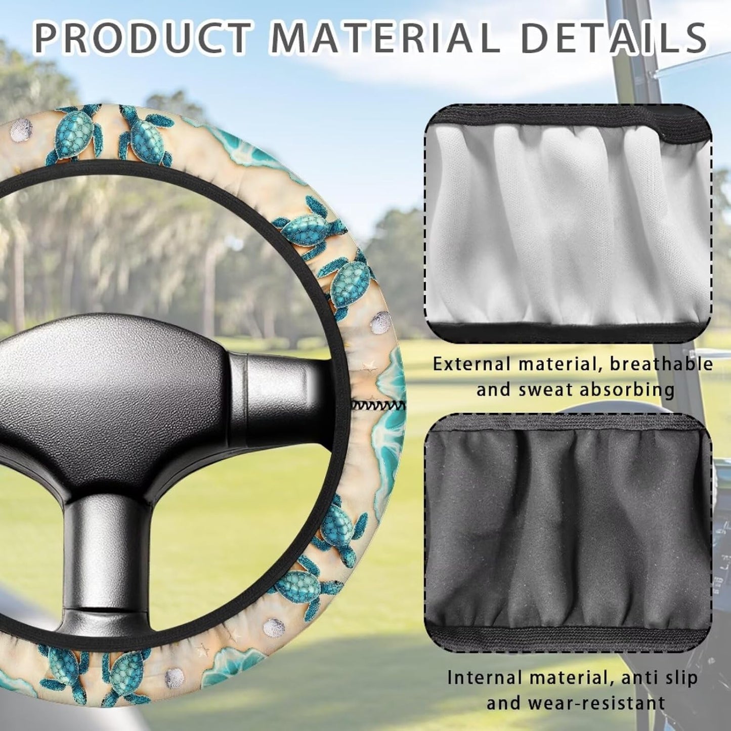 Beach Turtle Golf Cart Steering Wheel Covers Tropical 13.5 Inch Non-Slip Golf Cart Steering Wheel Covers Absorbing Sweat Universal Club Car Accessories Interior Decor