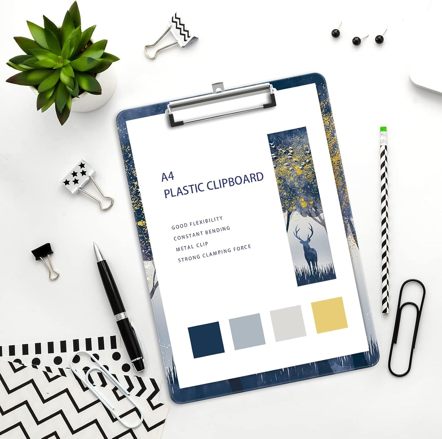 Plastic A4 Clipboards, Cute Clip Board Stardard Letter Size 9 x 12.5 in, Office Decorative for Students Women Men and Kids, Jungle Deer