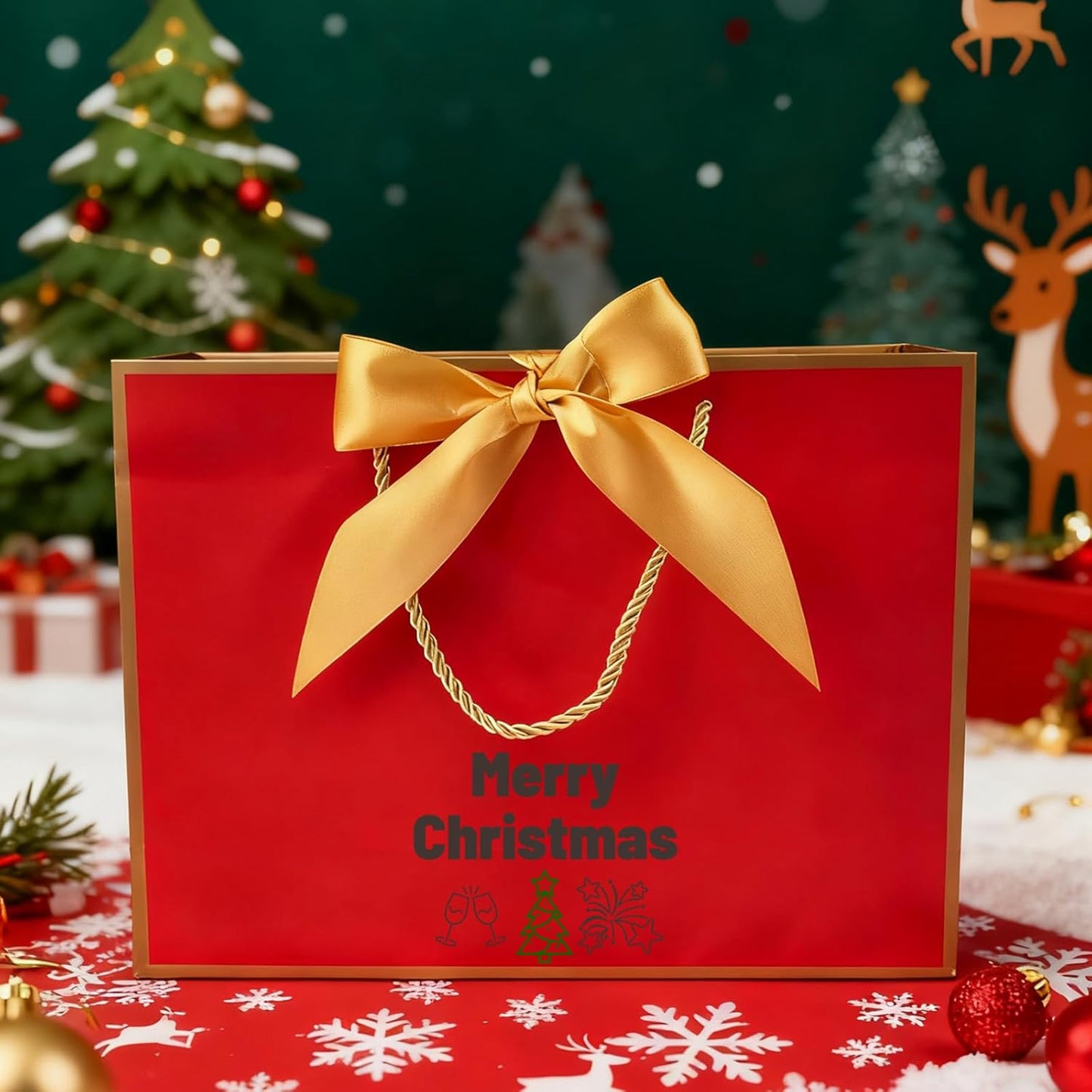 TKSBAG 12PCS Gift Bags Medium Size with Handles, 12.5 x 9.8 x 4.3 In Red Gold Thank You Bags with Bow Ribbon for Wedding, Birthday, bridesmaid, Party Favors, Thanksgiving, Christmas