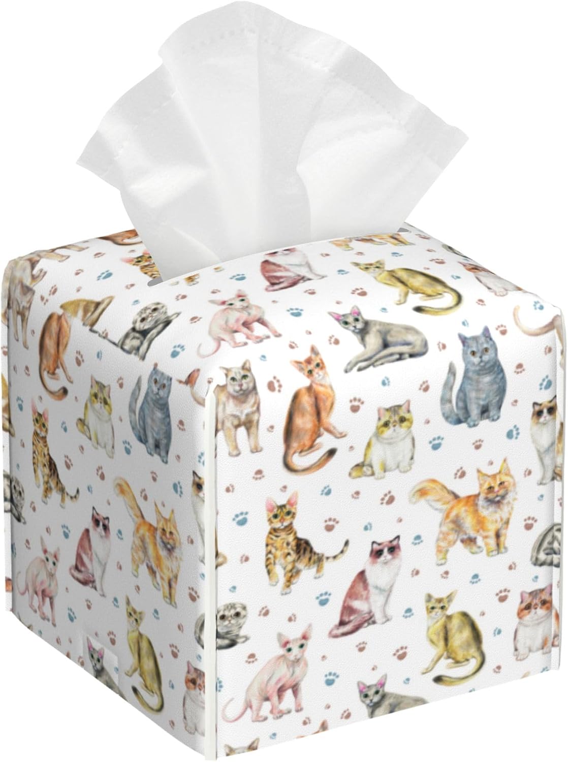 Tissue Box Cover Square,Cute Cats and Paw Tissue Box Holder Waterproof Leather Facial Paper Case Modern Home Decoration for Bedroom Dresser Night Stand Office Desk