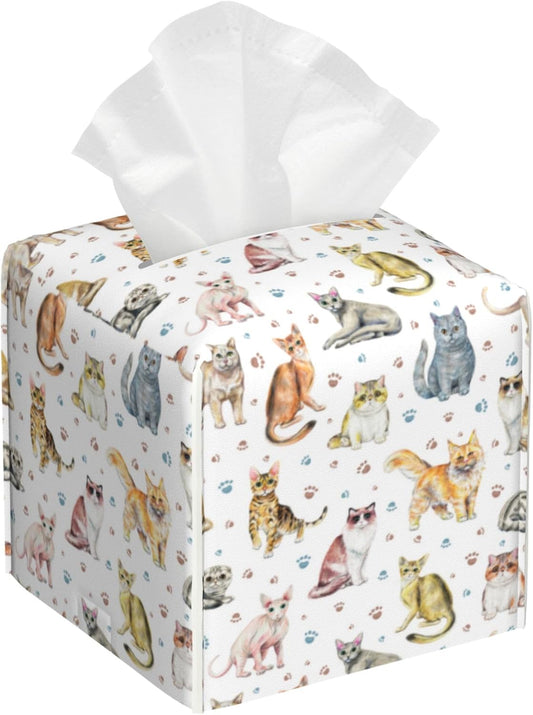 Tissue Box Cover Square,Cute Cats and Paw Tissue Box Holder Waterproof Leather Facial Paper Case Modern Home Decoration for Bedroom Dresser Night Stand Office Desk