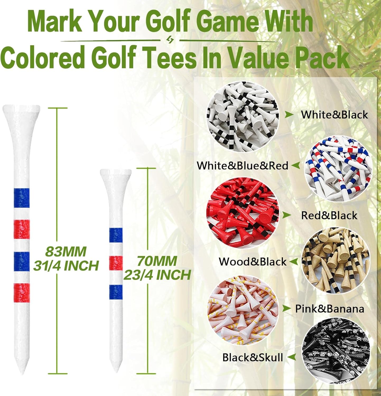 FINGER TEN Golf Tees Wood 3 1/4 2 3/4 Inch Wooden Bamboo 50/120 Count, Durable Biodegradable Colored Bulk Tee 70mm 83mm
