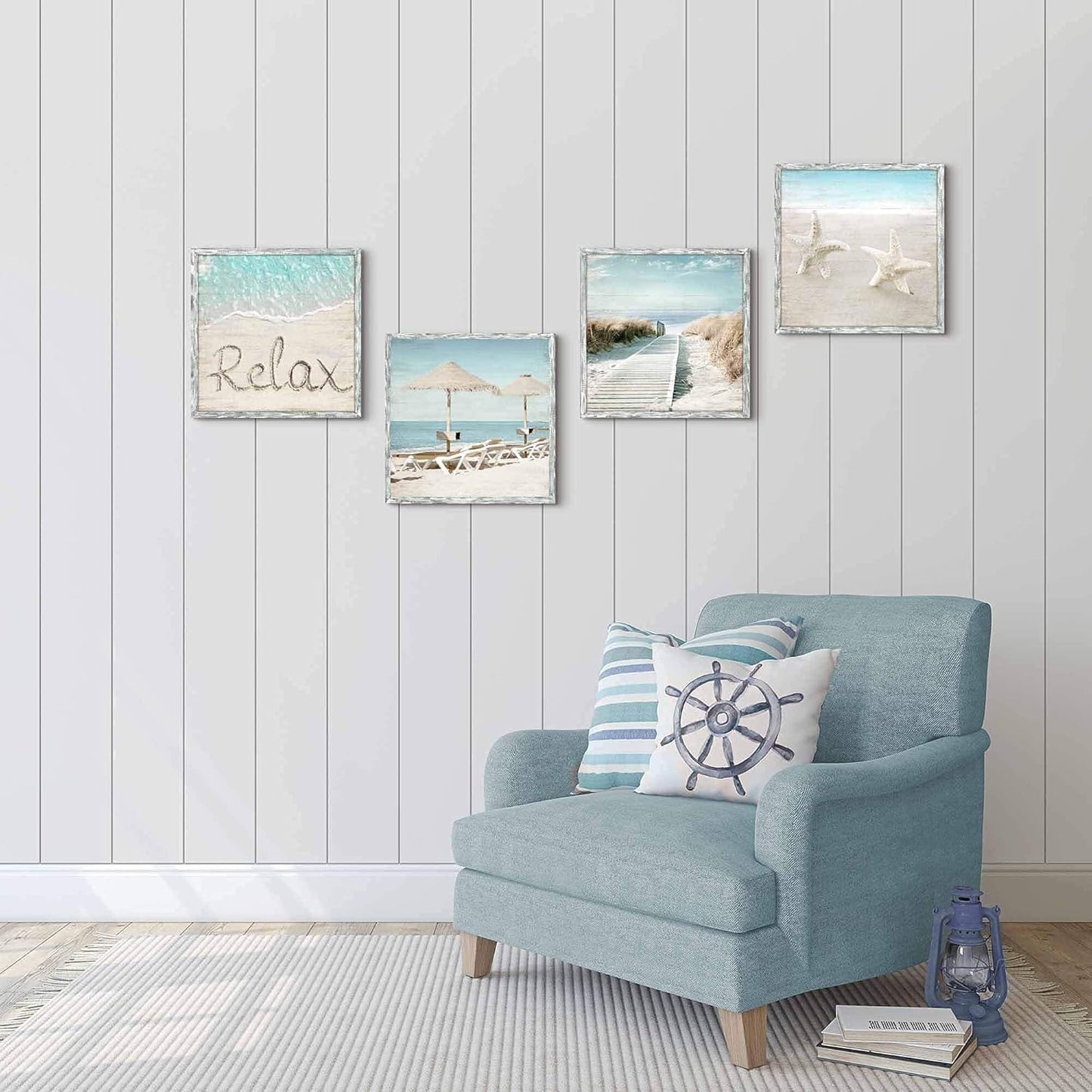 Coastal Framed Wood Wall Art: Beach Picture Seascape Artwork Seaside Prints Starfish Boardwalk Art Collection Wall Decor Set of 4 for Bedroom