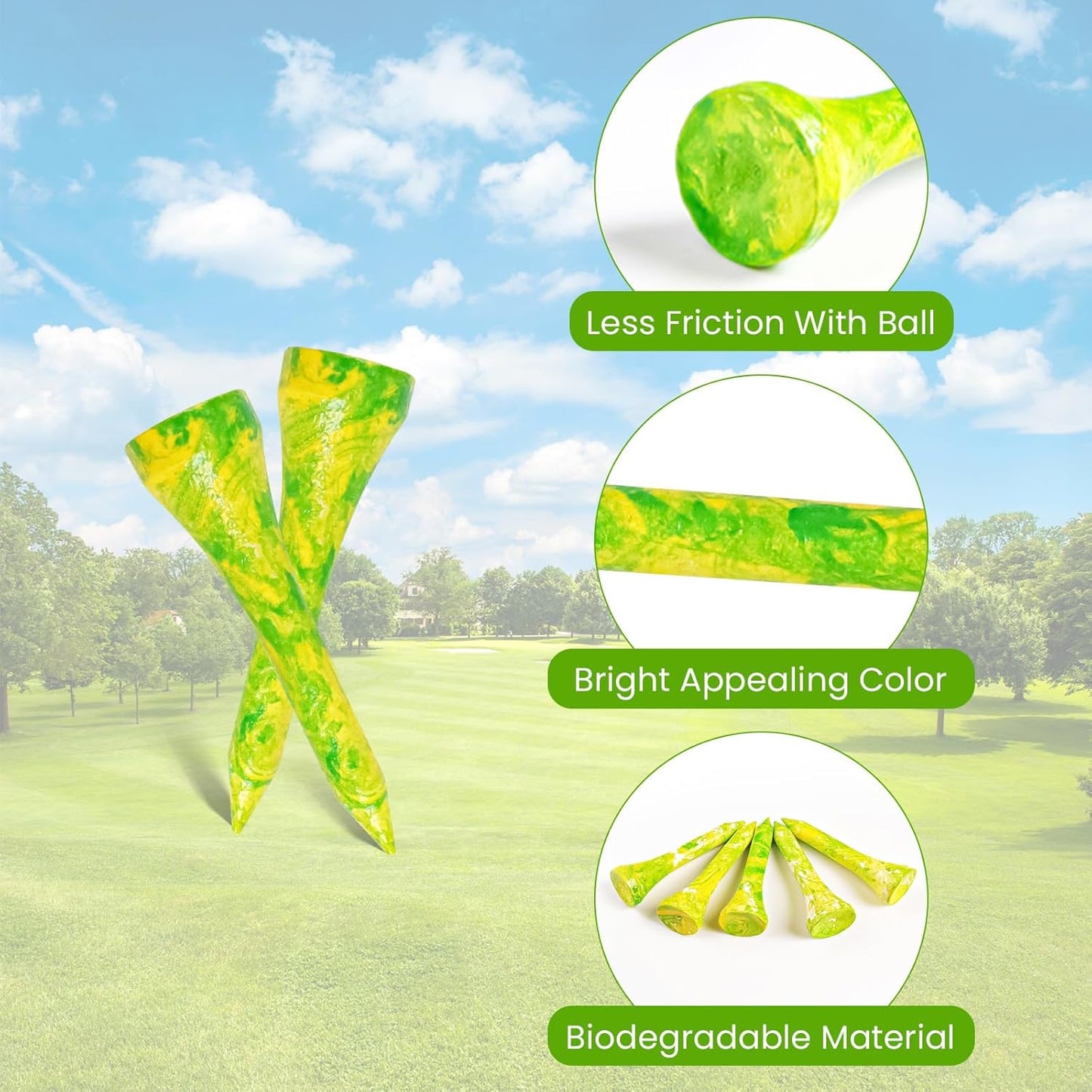 Amy Sport Golf Tees Styllish Bamboo Wooden Coloured Painted Bulk 200 Pack 1 1/2 3 1/4 2 3/4 Inch Tee, Enhanced Visibility Color Purple Pink Green Blue, Practice for Men Women