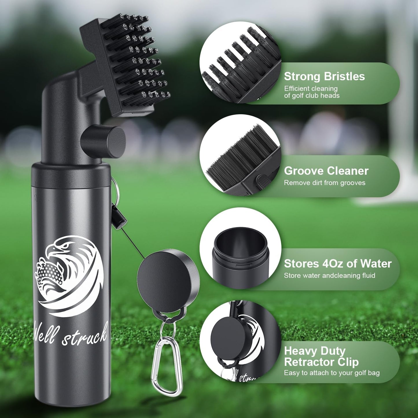 Pro Golf Club Cleaner - 4oz Water Bottle with Groove Cleaner and Retainer Clip, Durable Nylon Bristles for Easy Cleaning, Ergonomic Button Design, Golf Gifts for Men & Essential Accessories