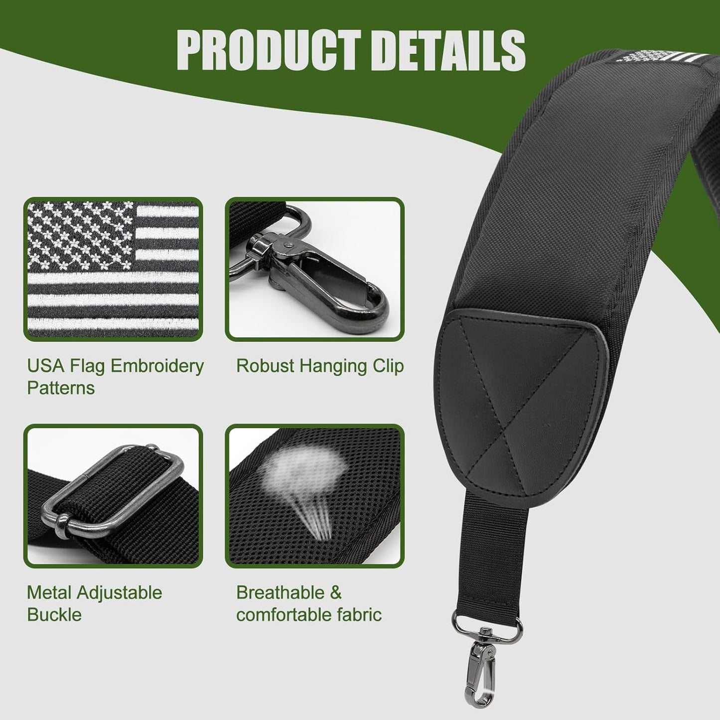 Golf Bag Strap Replacement Golf Bag Shoulder Strap Adjustable Single Padded Shoulder Strap Waterproof Golf Bag Backpack Straps (Black-USA Flag Grey)
