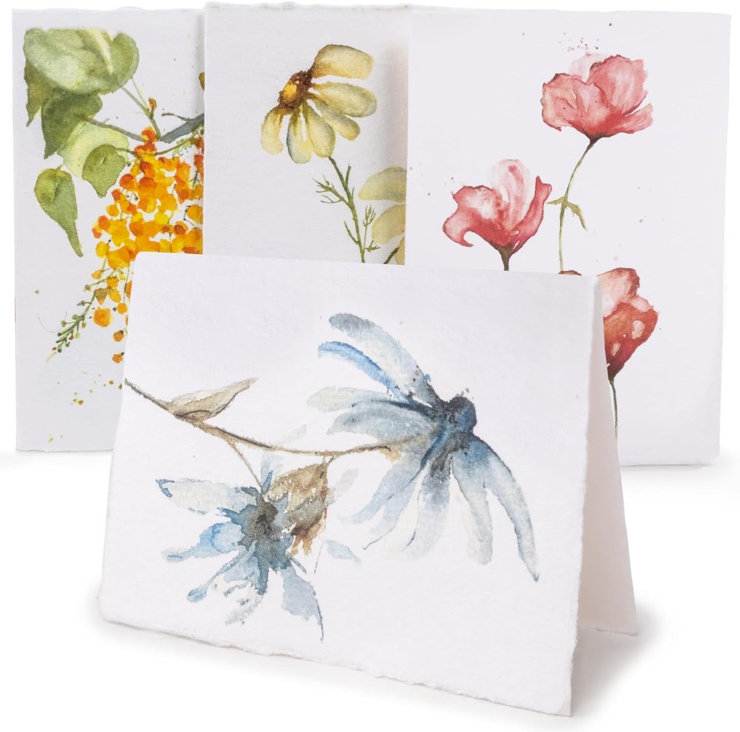 WANDERINGS Handmade Deckle Edge Blank Greeting Cards & Envelopes with Flower Art - Thick 300gsm paper– 20 Cards (5 Each of 4 Varieties) for Invitations, Thank Yous, Get Well and Birthday Cards –5x7