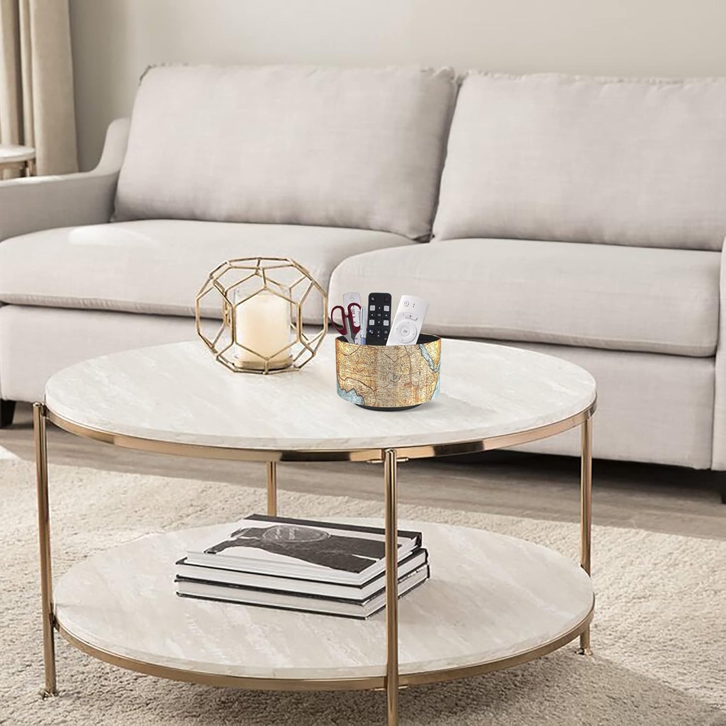 Hennaja Round Leather Art Supply Organizer,Remote Control Holder,360 Degree Rotating,Multi-Functional Pencil Holder,4 Compartments Desktop Stationary Organizer(1-Vintage Map)