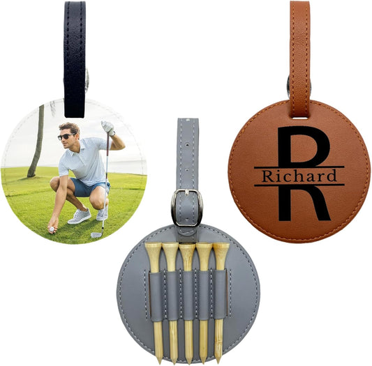 Personalized Golf Bag Tag with Tees - Custom Name & Pattern Leather Golf Accessories Gifts for Men Women Golfers