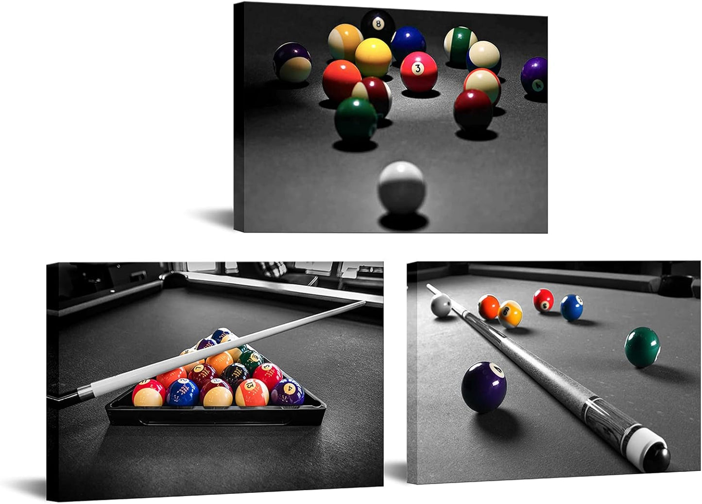Apicoture Billiards Art Canvas Wall Decor - Black And White Billiard Balls Pool Table Picture Prints Framed For Mens Berdroom Home Office Room Wall Decor Ready To Hang 16"X24"X3 Pieces