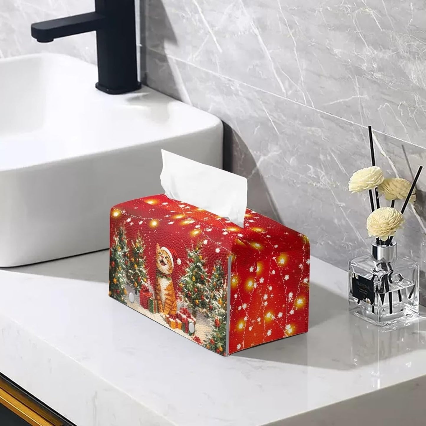 Leather Tissue Box Cover Cute Cat Tissue Box Holder Rectangle Christmas Tissue Box Home Decor for Bathroom Dingning Room Accessories Red