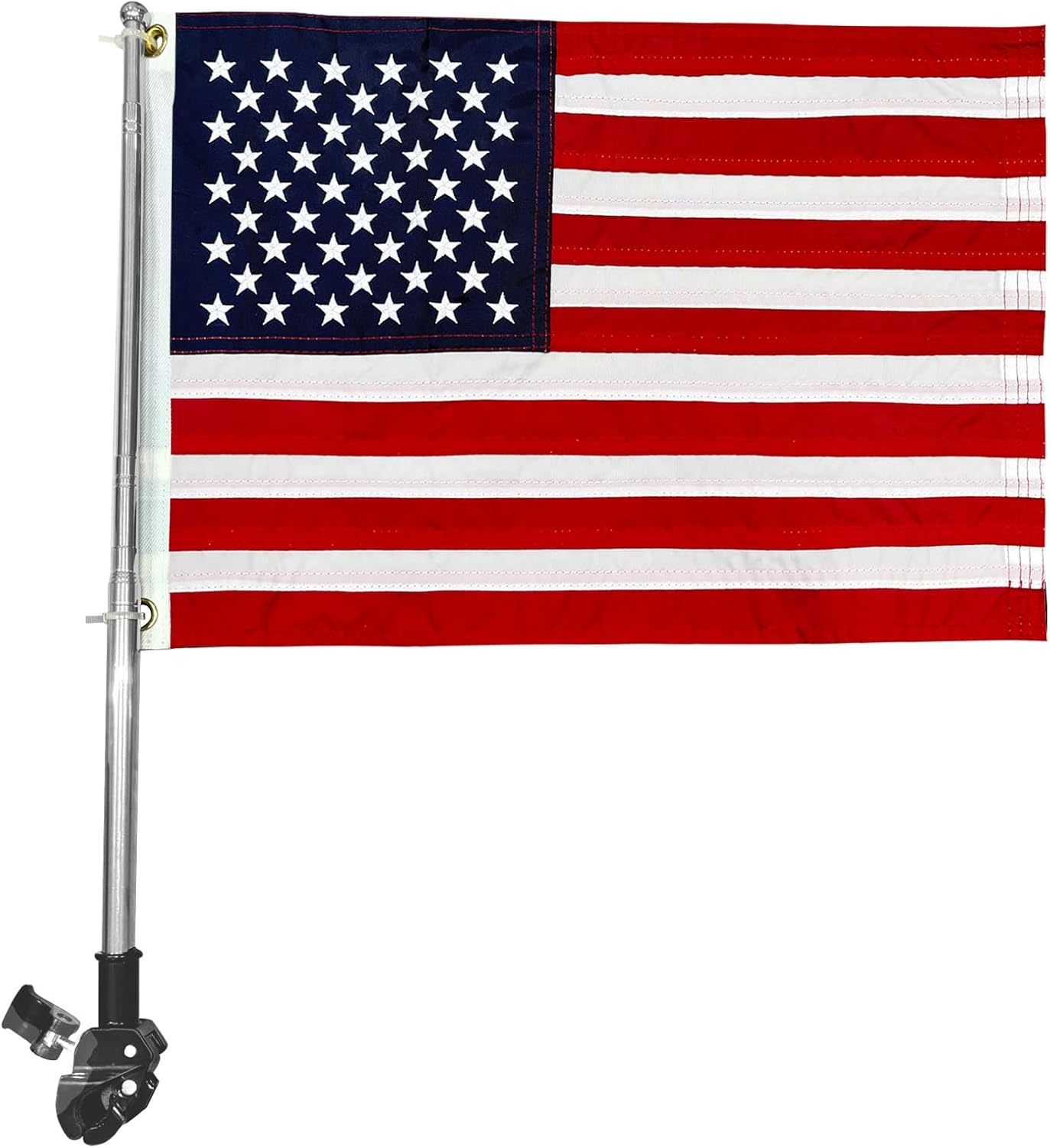 JRED Small American Flag Pole Kit, Retractable Boat Flagpole Holder 12x18 US Flags for Outside, USA Embroidered Stars 2 Brass Grommets for Motorcycle, Golf Cart, Bicycle, Yacht