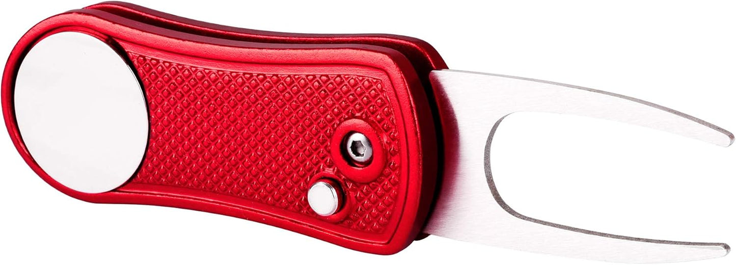 Mile High Life Golf Divot Repair Tool, All Metal Foldable Divot Tool with Pop-up Button & Magnetic Ball Marker