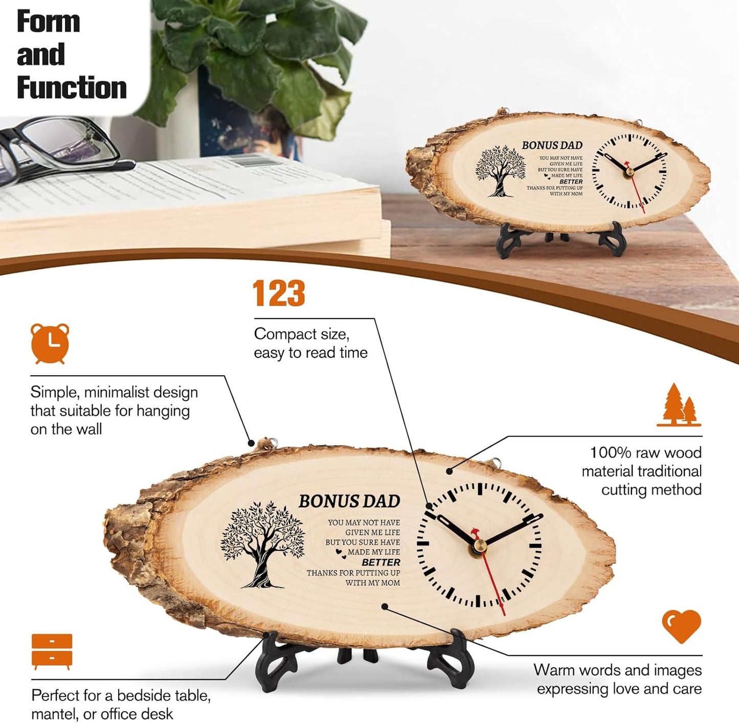 BeauGift Gifts for Stepdad, Bonus Dad from Daughter, Son, Birthday Gifts for Stepdad Wooden Clock, Bonus Dad Gift for Fathers Day, Christmas, Birthday, Wedding Gifts