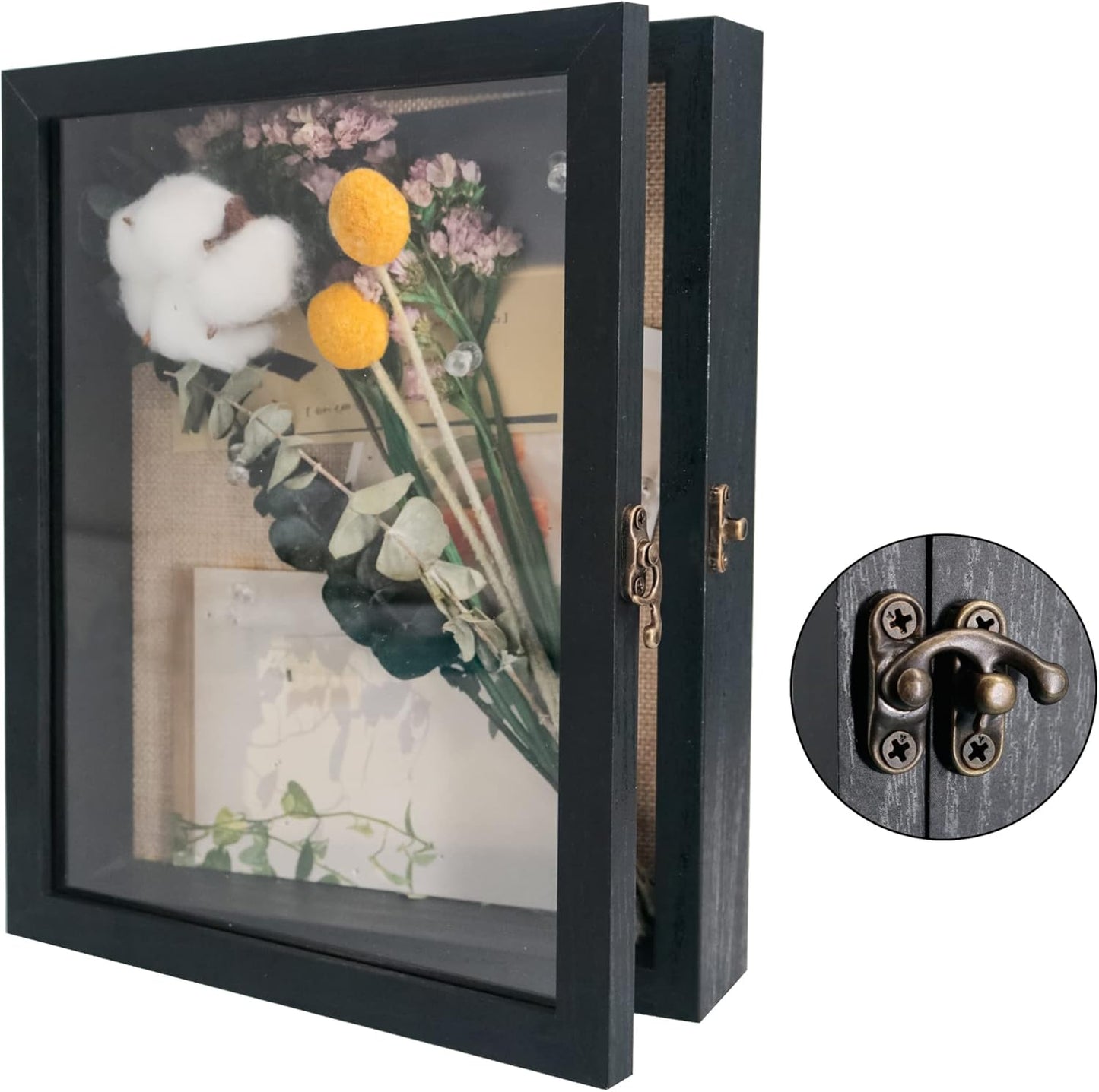 GraduatePro Shadow Box Frame 8x10 Display Case with Linen Back, Real Glass Window Door with Hinge, Picture Frame Wedding Bouquet Memorabilia Medals Photos Memory Box for Keepsakes, Rustic Black