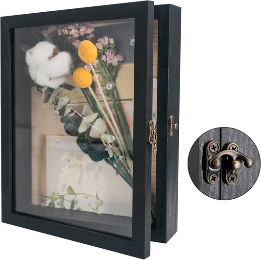 GraduatePro Shadow Box Frame 8x10 Display Case with Linen Back, Real Glass Window Door with Hinge, Picture Frame Wedding Bouquet Memorabilia Medals Photos Memory Box for Keepsakes, Rustic Black